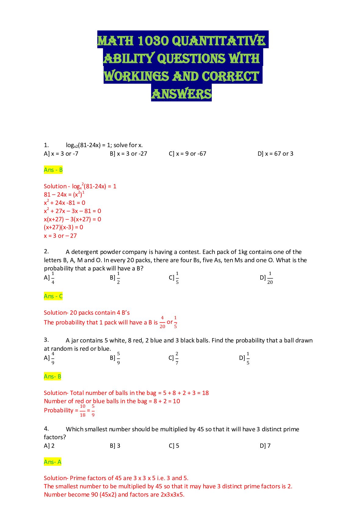 Preview of MATH 1030 QUANTITATIVE ABILITY QUESTIONS WITH WORKINGS AND CORRECT ANSWERS